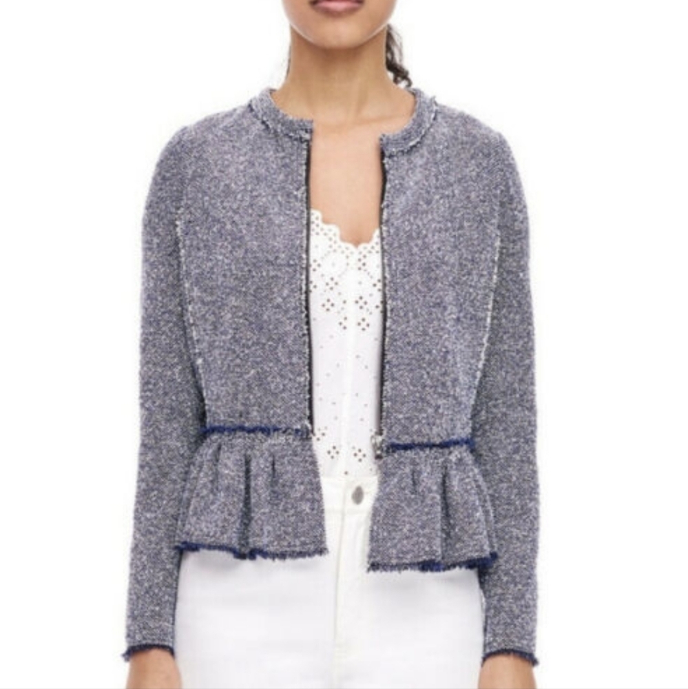 Rebecca Taylor tweed fringed full front zip peplum jacket women's size 6